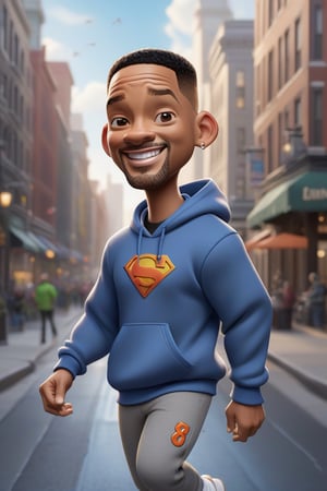 Pixar-style full-length caricature of a mischievous Will Smith in a dynamic pose on a bustling city street, wearing a sports sweatshirt, created by Greg Rutkowski with sharp focus, depth of field, perfect composition and intricate details. , trending on ArtStation and featured on Pixiv Fanbox, digital art, 8K HDR, ultra-realistic, with the feeling