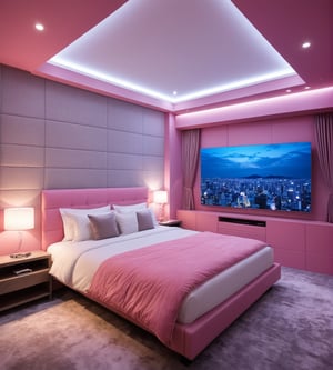 fantastic dynamic professional photograph, (highly detailed), (magestic and big room), padded and distinguished, hyper realistic, TV, mirror, (best quality), ultra high resolution, (ultra sharp), (underground style), high illumination, Armonic pink blue tones, more detail XL,lovehotel,more detail XL,jyutaku,Modern bedroom, japan