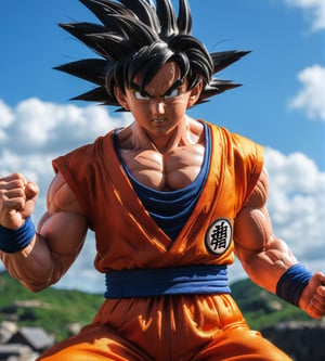 Hyper detailed photograph taken in "action" with Canon PowerShot G7 x Mark III, (dynamic pose), character from the "Dragon Ball" series Goku, (hyper realistic skin), in super warrior mode, ultra realistic style, realistic cinema lighting, (looking towards the sky), perfect contrast colorful, ultra sharp, professional focus, more detail XL,dragon ball