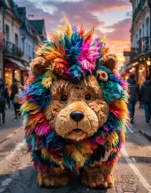 ((differents angle of shot)) highly detailed photographic capture of a very hairy gigantic stuffed animal, with extremely bright colors, with decoctions on various parts of its body, in the middle of a street, fantasy style, with sunset lighting, highly sharp, 8k HDR