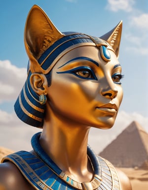 (Photorealistic), (hyper-detailed) shot of a dazzling Egyptian face of the (goddess Bastet), look to the right, looking towards the sky, near the , perfect contrast, (natural lighting), very sharp, 8k HDR, masterpiece, ,cinematic style