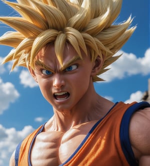 Hyper detailed photograph taken in "action" with Canon PowerShot G7 x Mark III, (dynamic pose), character from the "Dragon Ball" series Goku, (hyper realistic skin), hyper realistic blonde hair in super warrior mode, ultra realistic human style, (realistic cinema lighting), (looking towards the sky), perfect contrast colorful, ultra sharp, professional focus, more detail XL,dragon ball