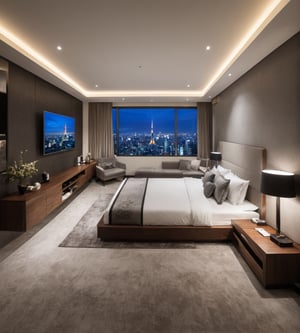 fantastic professional photograph, (highky detailed), magestic and big room), padded and distinguished, hyper realistic, TV, mirror, (best quality), ultra high resolution, (ultra sharp), (underground style), high illumination. fantasy art,outline, more detail XL,lovehotel,more detail XL,jyutaku,Modern bedroom, japan