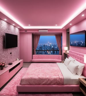 fantastic dynamic professional photograph, (highly detailed), (magestic and big room), padded and distinguished, hyper realistic, TV, mirror, (best quality), ultra high resolution, (ultra sharp), (underground style), high illumination, Armonic pink tones, more detail XL,lovehotel,more detail XL,jyutaku,Modern bedroom, japan
