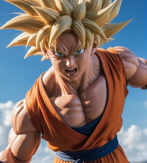 Hyper detailed photograph taken in "action" with Canon PowerShot G7 x Mark III, (dynamic pose), character from the "Dragon Ball" series Goku, (hyper realistic skin), hyper realistic blonde hair in super warrior mode, ultra realistic human style, (realistic cinema lighting), (looking towards the sky), perfect contrast colorful, ultra sharp, perfect human anatomy, professional focus, more detail XL,dragon ball