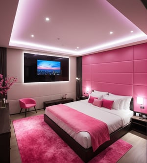 fantastic dynamic professional photograph, (highly detailed), (magestic and big room), padded and distinguished, hyper realistic, TV, mirror, (best quality), ultra high resolution, (ultra sharp), (underground style), high illumination, Armonic pink tones, more detail XL,lovehotel,more detail XL,jyutaku,Modern bedroom, japan