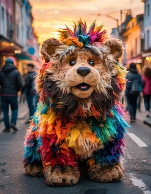 Highly detailed photographic capture (differents angle of shot) of a very hairy gigantic stuffed animal, with extremely bright colors, with decoctions on various parts of its body, in the middle of a street, fantasy style, with sunset lighting, highly sharp, 8k HDR