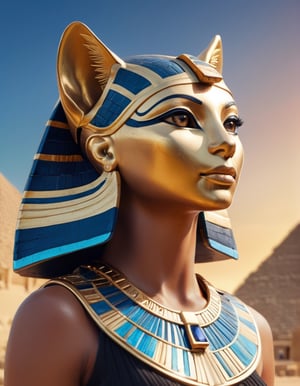 (Photorealistic), (hyper-detailed) shot (differents angle of close up) of a dazzling Egyptian face of the (goddess Bastet), Big clear eyes, look to the right, looking towards the sky, near the , perfect contrast, (natural lighting), very sharp, 8k HDR, masterpiece, ,cinematic style