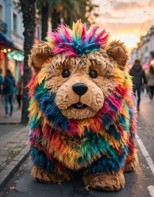 Highly detailed photographic capture ((differents angle of shot)) of a very hairy gigantic stuffed animal, with extremely bright colors, with decoctions on various parts of its body, in the middle of a street, fantasy style, with sunset lighting, highly sharp, 8k HDR