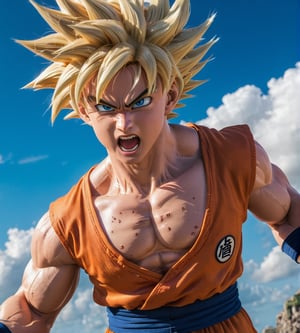 Hyper detailed photograph taken in "action" with Canon PowerShot G7 x Mark III, (dynamic pose), character from the "Dragon Ball" series Goku, (hyper realistic skin), hyper realistic blonde hair in super warrior mode, ultra realistic human style, (realistic cinema lighting), (looking towards the sky), perfect contrast colorful, ultra sharp, perfect human anatomy, professional focus, more detail XL,dragon ball