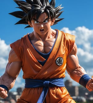 Hyper detailed photograph taken in "action" with Canon PowerShot G7 x Mark III, (dynamic pose), character from the "Dragon Ball" series Goku, (hyper realistic skin), in super warrior mode, ultra realistic style, realistic cinema lighting, (looking towards the sky), perfect contrast colorful, ultra sharp, professional focus, more detail XL,dragon ball
