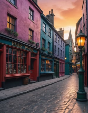 ((differents angle of shot)) highly detailed photographic capture of Harry Potter, with extremely hyper realistic colors, with decoctions on various parts of its body, in the middle of a street, fantasy style, with sunset lighting, highly sharp, 8k HDR