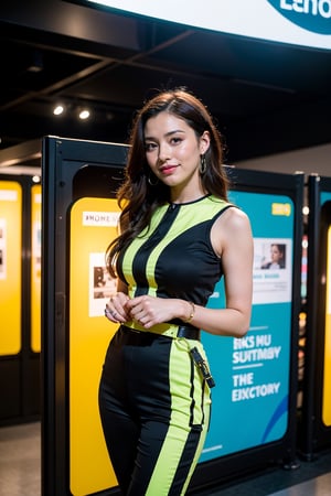 In this breathtakingly detailed and photorealistic masterpiece, a stunning young woman with long, wavy brown hair and radiant smile confidently poses in front of a colossal, intricately designed yellow robot. Her sleek black jumpsuit accentuates her figure, featuring red and black utility belt around her waist, while the robot's vibrant blue eyes glow brightly, imbuing the mechanical giant with life. The woman's left arm extends outward, fingers slightly spread, exuding enthusiasm for the futuristic setting. Background structures subtly visible behind them hint at an indoor exhibition or convention. In a captivating full-body shot captured by the EOS 5D Canon Mark IV, the scene bursts with energy and futurism, vivid colors expertly balanced against high contrast.