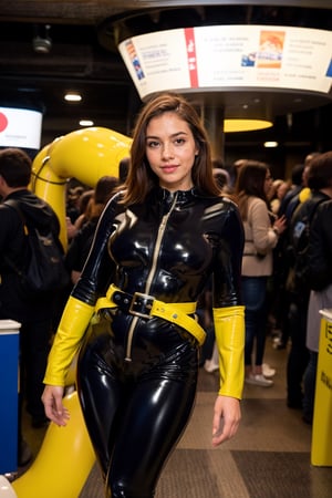 In this breathtakingly detailed and photorealistic masterpiece, A young woman with long, wavy brown hair and a radiant smile, posing confidently in front of a large, vibrant yellow robot. She is dressed in a sleek, black jumpsuit with a red and black utility belt. The robot has blue eyes and is designed with yellow, black, and metallic gray accents, set in an indoor convention or exhibition background. In a captivating full-body shot captured by the EOS 5D Canon Mark IV, the scene bursts with energy and futurism, vivid colors expertly balanced against high contrast.