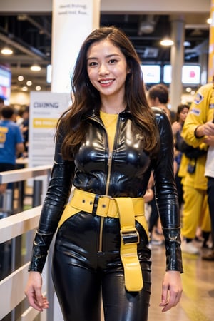 In this breathtakingly detailed and photorealistic masterpiece, a stunning young woman with long, wavy brown hair and radiant smile confidently poses in front of a colossal, intricately designed yellow robot. Her sleek black jumpsuit accentuates her figure, featuring red and black utility belt around her waist, while the robot's vibrant blue eyes glow brightly, imbuing the mechanical giant with life. The woman's left arm extends outward, fingers slightly spread, exuding enthusiasm for the futuristic setting. Background structures subtly visible behind them hint at an indoor exhibition or convention. In a captivating full-body shot captured by the EOS 5D Canon Mark IV, the scene bursts with energy and futurism, vivid colors expertly balanced against high contrast.