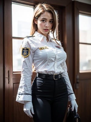 Best quality, 8k, 32k, Masterpiece, Photorealistic, high contrast, (UHD:1.2), lifelike rendering,angelawhite, leader with a haphazard sash and dangling medals, SS uniform,Angela Kinsey,du4l1p4,erika,AJApplegateQuiron woman