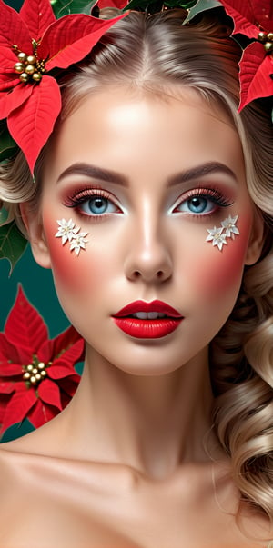 Intricate image of a Beautiful (((nude))) woman with flowy flowe-like hair, work of beauty and complexity, poinsettia christmas flower, glass christmas balls, hyperdetailed facial features, 8k UHD, close-up, alberto seveso style ,flat chested