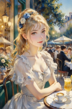 Elegantism, opulent scene, a beautiful girl sitting in a sunny European Cafe with tables outside golden summer light, Pierre Auguste Renoir style, Impressionism, stunning intricate details.t, 8k resolution. (masterpiece, top quality, best quality, official art, beautiful and aesthetic:1.2), (1girl:1.4), upper body, blonde hair, portrait, extreme detailed, super wide angle, high angle, high color contrast, medium shot, depth of field, blurry background, simple background, bokeh,impressionist painting