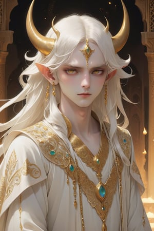 Beautiful albino demon boy,(long Demon horns:1.2), Arabian Nights-inspired ensemble, evoking the mystique and allure of the desert nights. Dressed in flowing robes adorned with intricate gold embroidery and jewels, he exudes an air of exotic elegance. His pale skin contrasts beautifully with the rich fabrics, while his eyes gleam with an otherworldly light. With each step, he moves with a sense of grace and confidence, embodying the enigmatic charm of the Arabian Nights tales, Despite his demonic nature, ,ani_booster,ct-niji2