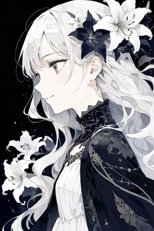 From side, long and loose messy white hair, grey eyes, goddess, wistful, soft smile, lily flowers, black elaborate robes, masterpiece, best quality,aesthetic,dark art,black background ,more detail XL, scar on neck,