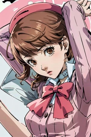 ((masterpiece, best quality)) Persona3Yukari, 1girl, solo, short hair, brown hair, brown eyes, upper_body,Persona3Yukari, white choker,viewed from side, arms_above_head , pink and white themed dress, pink cap,green theme