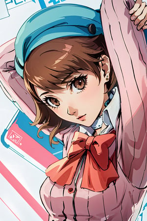 ((masterpiece, best quality)) Persona3Yukari, 1girl, solo, short hair, brown hair, brown eyes, upper_body,Persona3Yukari, white choker,viewed from side, arms_above_head , pink and white themed dress