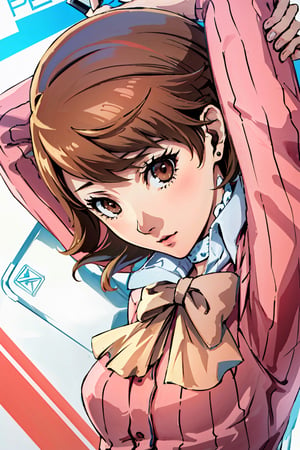 ((masterpiece, best quality)) Persona3Yukari, 1girl, solo, short hair, brown hair, brown eyes, upper_body,Persona3Yukari, white choker,viewed from side, arms_above_head , pink and white themed dress