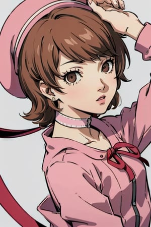 ((masterpiece, best quality)) Persona3Yukari, 1girl, solo, short hair, brown hair, brown eyes, upper_body,Persona3Yukari, white choker,viewed from side, arms_above_head , pink and white themed dress, pink cap,green theme