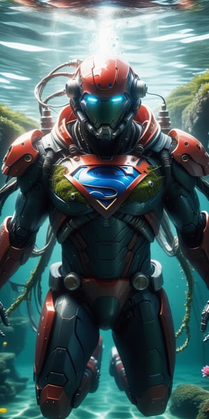 ((Masterpiece, best quality, ultra details, 8k, HDR)), superman,(absurdity), Envision a realistic picture of a biomechanical superman in the sea, this entity is a fusion of technology and nature, with a helmet that resembles a diving suit, its surface covered in verdant moss, aiming a weapon to viewer, twisting vines around, bright exotic flowers, luminescent glow, this photo should have a whimsical and fantastical feel, with vibrant colors and a top quality detail,exosuit,tactical gear, underwater