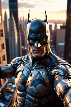 Close-up image, batman, taking a selfie with his cell phone, hanging upside down from the top of a building, with New York City in the background, delicate detailing,subtle texture,soft-focus effect,soft shadows,minimalist aesthetic,gentle illumination,elegant simplicity,serene composition timeless appeal,visual softness,extremely high quality high detail RAW color photo,professional lighting,sophisticated color grading,sharp focus,soft bokeh,striking contrast,dramatic flair,depth of field,seamless blend of colors,CGI digital painting,cinematic still 35mm,CineStill 50D,800T,natural lighting,shallow depth of field,crisp details,hbo netflix film color LUT,32K,UHD,HDR,film light,panoramic shot,breathtaking,hyper-realistic,ultra-realism,high-speed photography,perfect contrast,award-winning phography,directed by lars von trie, ultra hd, realistic, vivid colors, highly detailed, UHD drawing, pen and ink, perfect composition, beautiful detailed intricate insanely detailed octane render trending on artstation, 8k artistic photography, photorealistic concept art, soft natural volumetric cinematic perfect light,more detail XL,cinematic style