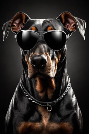 (best quality, 8K, high resolution, masterpiece), ultra detailed, (3D CGI), black sunglasses, trendy, fashionable, silver and black stylized angry muscle doberman on a black background, countryside advertising, winning photo,





