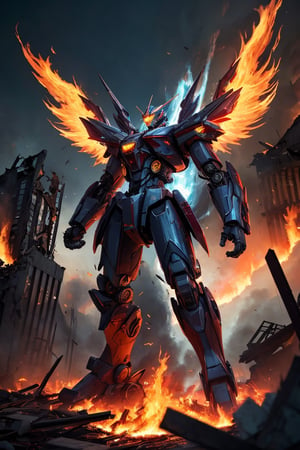 mecha towering over destroyed buildings, rubble, flying debris, glow, aura, lit by multiple fires     , r1ge, angry, wings made of fire  