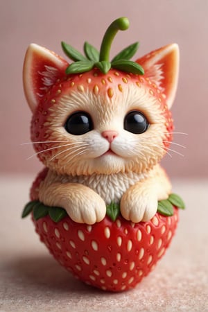 detailed realistic close up of a strawberry shaped like a kitten, sitting, natural light





