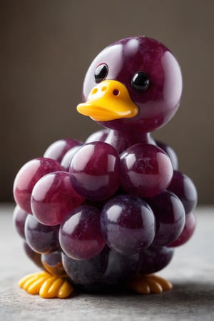 detailed realistic close up of a grape shaped like a duck, sitting, natural light





