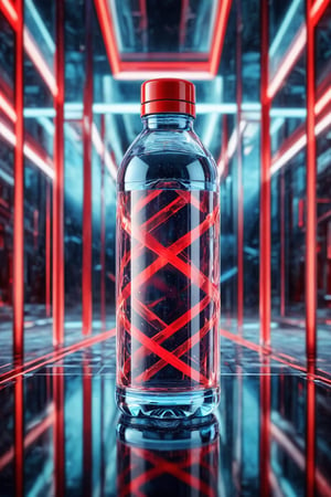 a water bottle parked on the mirror surface of an abstract geometric structure in a hightech style, surrounded by red light strips, reflection photography, hyper quality, bright background, advertising photography, advertising poster, high resolution, hyperrealistic rendering
