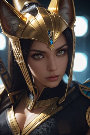 masterpiece, photography, best quality, UHD, (close-up:1.5), a photo of female:1.5,, action pose, breathtaking background, high-tech, sci-fi, futuristic background, 1girl,, (massive  muscles:1.5) draamtic lighting, cinematic lighting, natural light, god anubis, agypt-core, realistic textures, pharaoh, ferocious, warrior, glowing golden eyes,