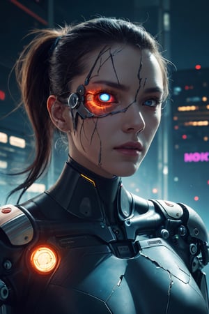 Female android, mechanical parts, cyberpunk, science fiction, bio mechanical, android, cable, cyborg, glowing cracks, cracked skin, shattered skin, fractured skin, broken skin, cracked skin, cyclops, one_eyed