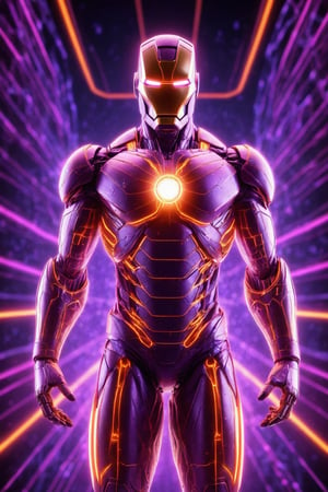 iron man, glowing lines, starry background, scifi style, full body shot, digital art technology, orange and purple. Made of wireframe hologram and neon lights,  highdefinition resolution and exquisite details. under bright lighting