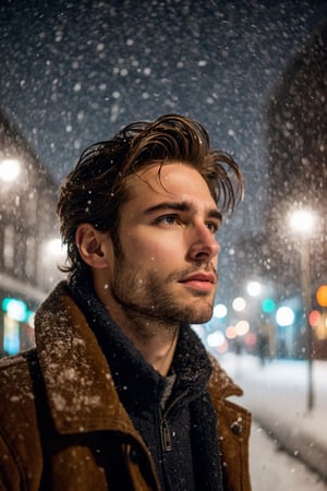 film photography style a man with brown hair during a snowstorm at night, Low Angle, Medium Shot