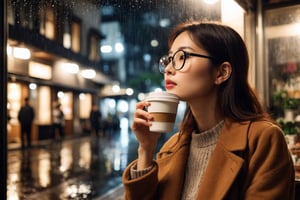 tokyo gal with glasses is looking up and to the window with reflections, holding a cup of coffee with white steam. rainy night, in a cafe shop with beautiful interior design beside a street with wet grounds. through the cafe's watery window
