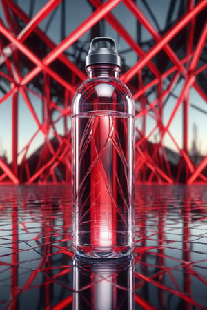 a water bottle parked on the mirror surface of an abstract geometric structure in a hightech style, surrounded by red light strips, reflection photography, hyper quality, bright background, advertising photography, advertising poster, high resolution, hyperrealistic rendering