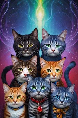(masterpiece, best quality) a group of psychedelic kitties with menacing smiles
