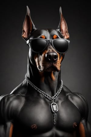 (best quality, 8K, high resolution, masterpiece), ultra detailed, (3D CGI), black sunglasses, trendy, fashionable, silver and black stylized angry muscle doberman on a black background, countryside advertising, winning photo,





