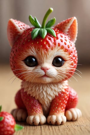 detailed realistic close up of a strawberry shaped like a kitten, sitting, natural light





