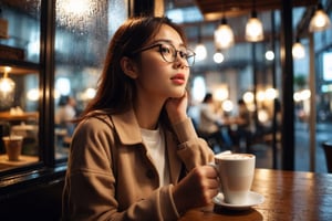 tokyo gal with glasses is looking up and to the window with reflections, holding a cup of coffee with white steam. rainy night, in a cafe shop with beautiful interior design beside a street with wet grounds. through the cafe's watery window
