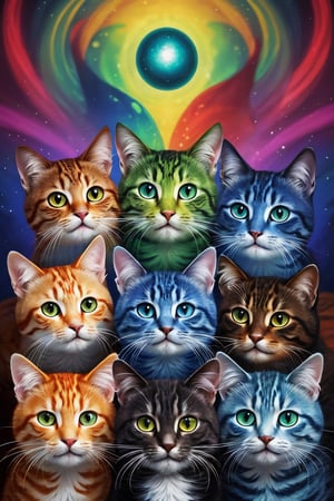 (masterpiece, best quality) a group of psychedelic kitties with menacing smiles
