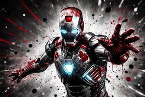 iron man as an epic black and white painting with red highlights, ultra detailed, cinematic lighting. The epic scene is done in the style of splatter art, dynemic pose