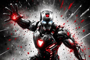 iron man as an epic black and white painting with red highlights, ultra detailed, cinematic lighting. The epic scene is done in the style of splatter art, dynemic pose