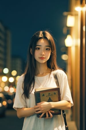 Certainly, here's a realistic anime girl prompt:

"Create a realistic anime-style depiction of a young girl with long, flowing hair, wearing a modern urban outfit, standing under the soft glow of city lights, and holding an antique book with a curious expression on her face."