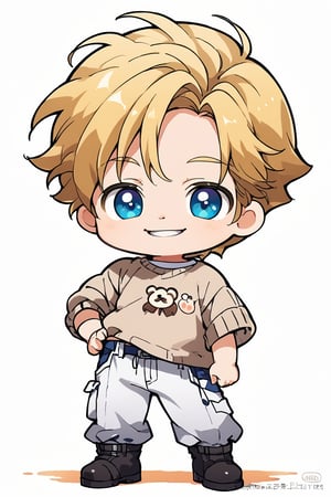 score_9,score_8_up,score_7_up, chibi, chibi style, looking at viewer,blue eyes,simple background,shirt, blonde hair,1boy,white background, small nose, smiling , parted lips,standing,full body,short sleeves,male focus,shorts,chibi,black boots,blue eyes,hand on hip, ((brown sweater over white t-shirt)),(black full trousers), Loid Forger